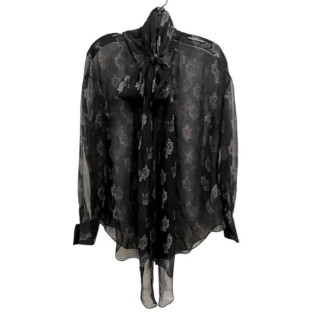 JOSH GOOT Sheer Black Roses Print Blouse with Necktie Bow, M, NEW